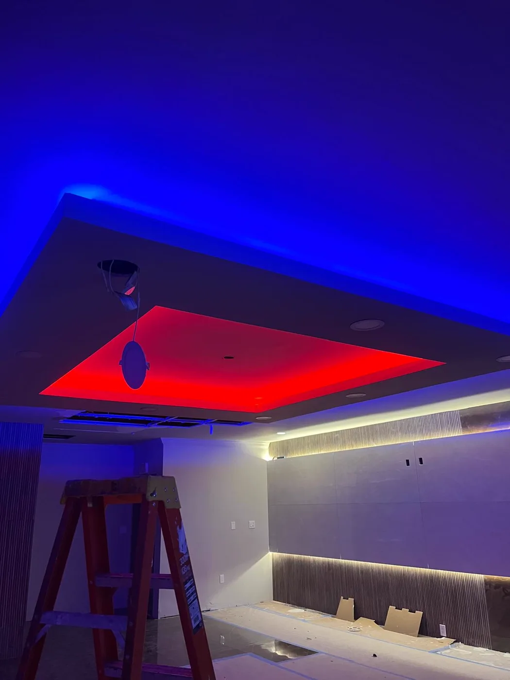 Coffered ceiling with LED accent lighting in a finished commercial venue renovation, Metro Atlanta