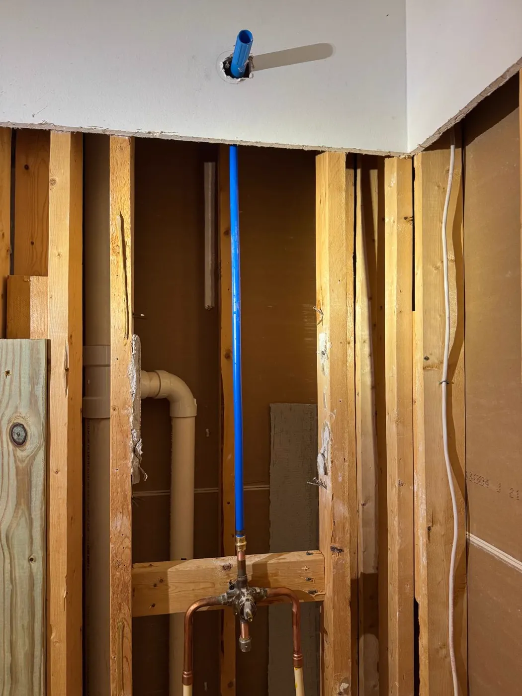 Drain stack and supply lines run inside a framed wall, Metro Atlanta